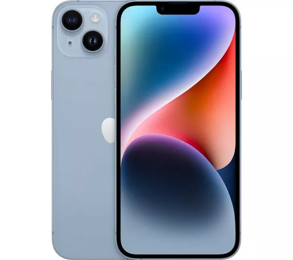A light blue Saisales Apple iPhone 14 128GB Unlocked smartphone with dual rear cameras is displayed from the front and back, showcasing a colorful abstract screen.