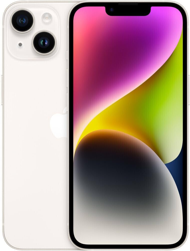 A Saisales Apple iPhone 14 128GB Unlocked in white is shown with dual rear cameras and a vibrant abstract wallpaper on display.