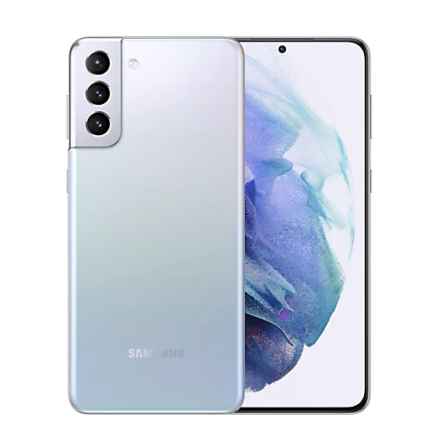 Saisales Samsung Galaxy S21 5G 128GB phone featuring a rear Triple-Camera System and front Dynamic AMOLED 2X display, with a pastel gradient back cover and screen turned on.