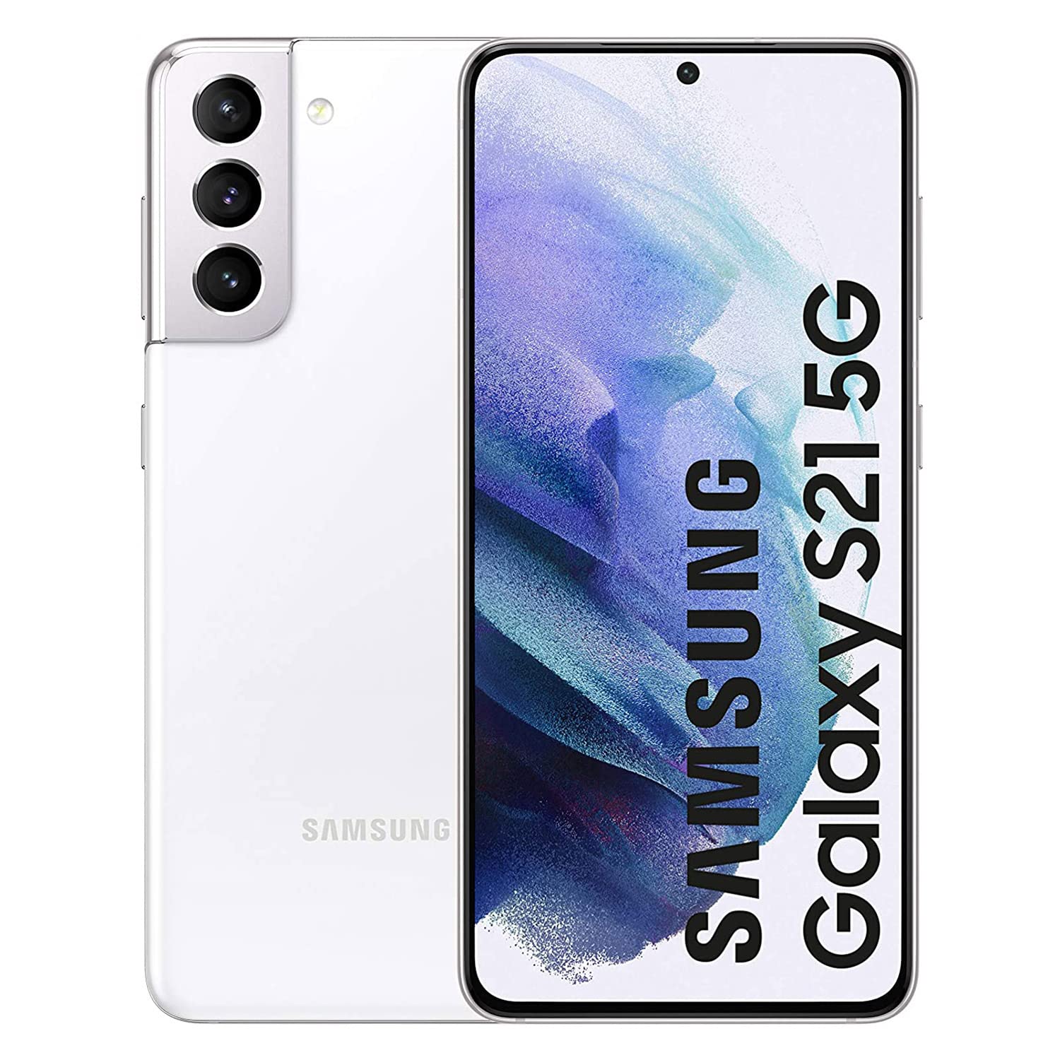 The Saisales Samsung Galaxy S21 5G 128GB smartphone boasts a white back cover featuring an advanced triple-camera system, and a front dynamic AMOLED 2X display showcasing the device's name.